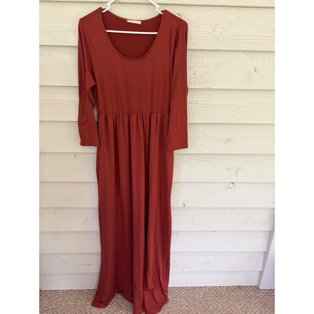 Entro Rust Maxi Dress Long Sleeve Empire Waist Flowy Boho Fall Dress Size Large - Picture 2 of 5